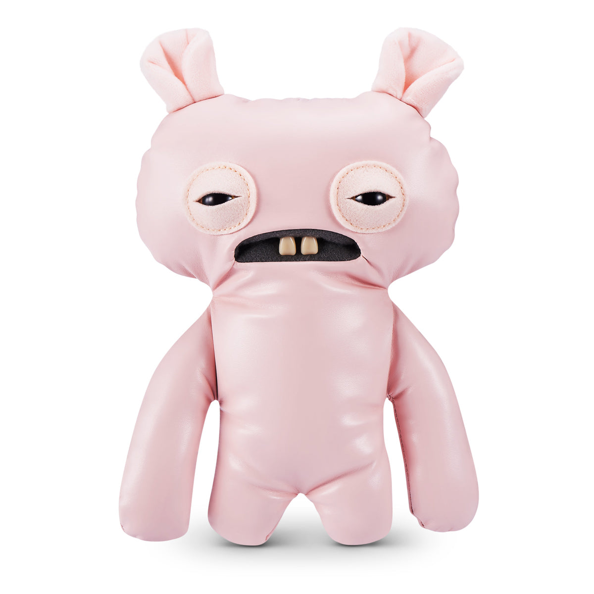 A 9-inch Fuggler Butt Ugly Pet (Uncladimir Tootin Hairless Rat) toy. It is made of smooth pink faux leather, with large rat ears, squinting stitched eyes, and two large human-like teeth.