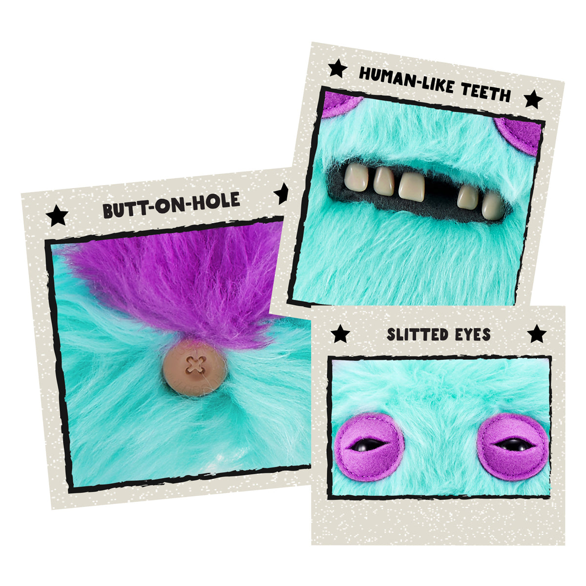 Three close up cards of features for A 9-inch Fuggler Butt Ugly Pet (Yawper Pomeranian) plush toy. It has shaggy teal fur, pointy purple ears, squinting purple eyelids, and a small mouth with realistic human teeth.