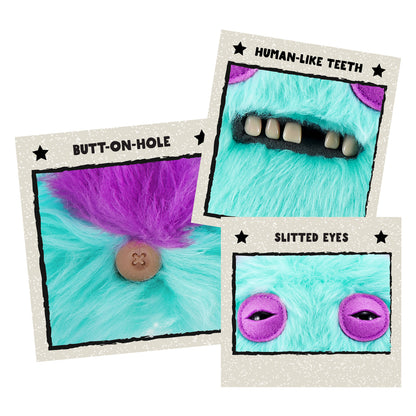 Three close up cards of features for A 9-inch Fuggler Butt Ugly Pet (Yawper Pomeranian) plush toy. It has shaggy teal fur, pointy purple ears, squinting purple eyelids, and a small mouth with realistic human teeth.