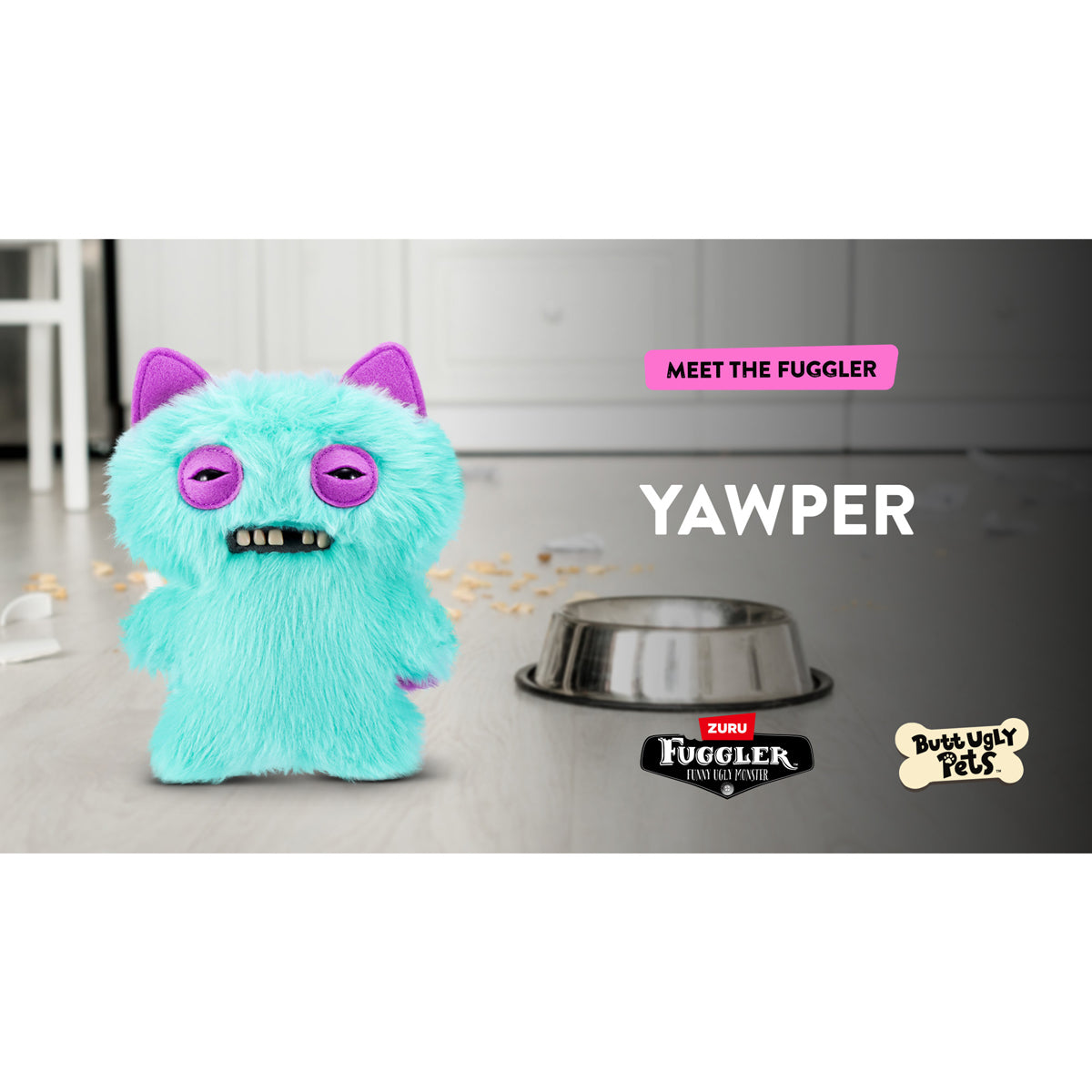 Turquoise plush toy with pink ears labeled 'Yawper' on a gray surface.