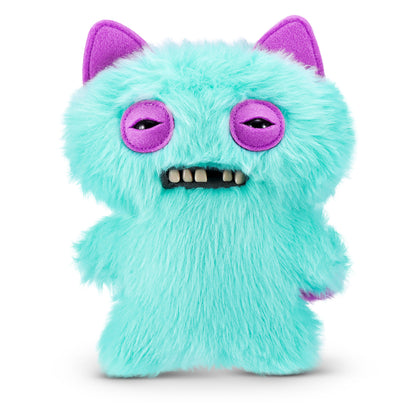 A 9-inch Fuggler Butt Ugly Pet (Yawper Pomeranian) plush toy. It has shaggy teal fur, pointy purple ears, squinting purple eyelids, and a small mouth with realistic human teeth.