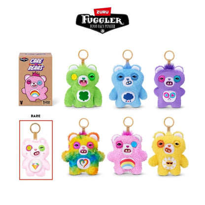 Fuggler Care Bears blind box packaging alongside an assortment of plush bag charms featuring Care Bear designs and human-like teeth.