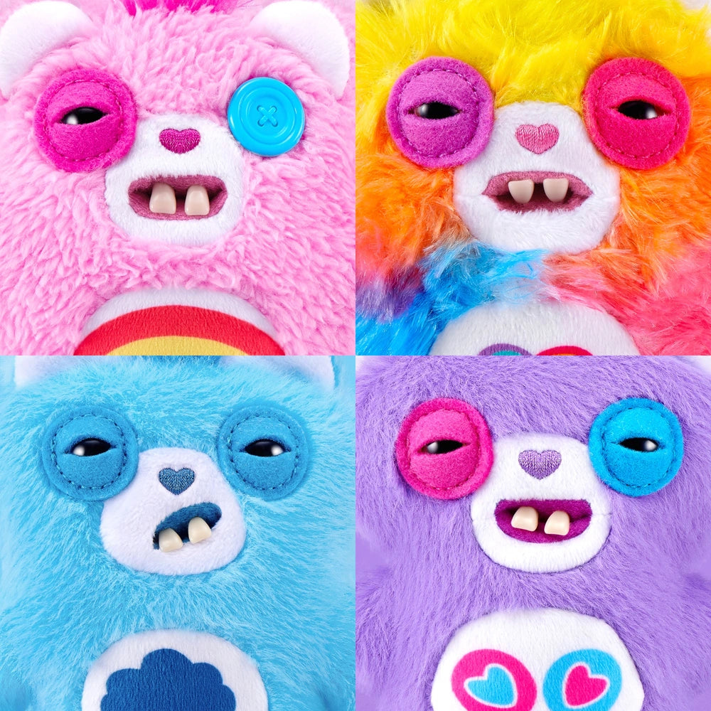 Four colorful plush toys with different colored faces and expressions.