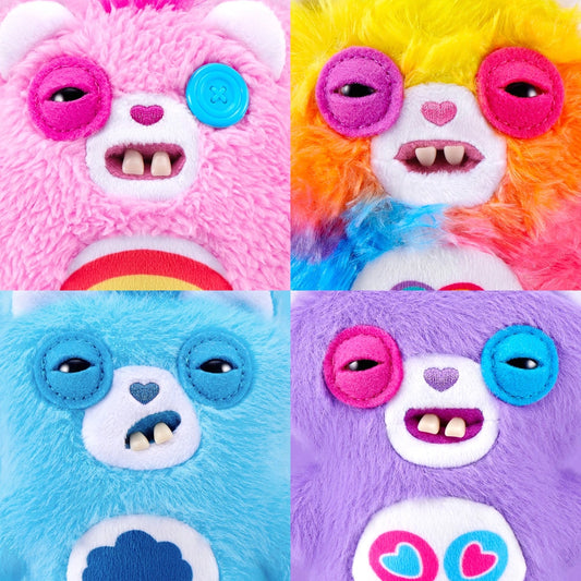 Four colorful plush toys with different colored faces and expressions.