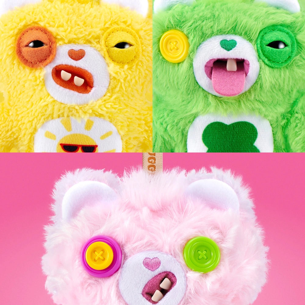 Three colorful plush toys with button faces on a pink background