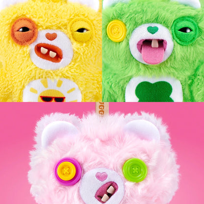 Three colorful plush toys with button faces on a pink background