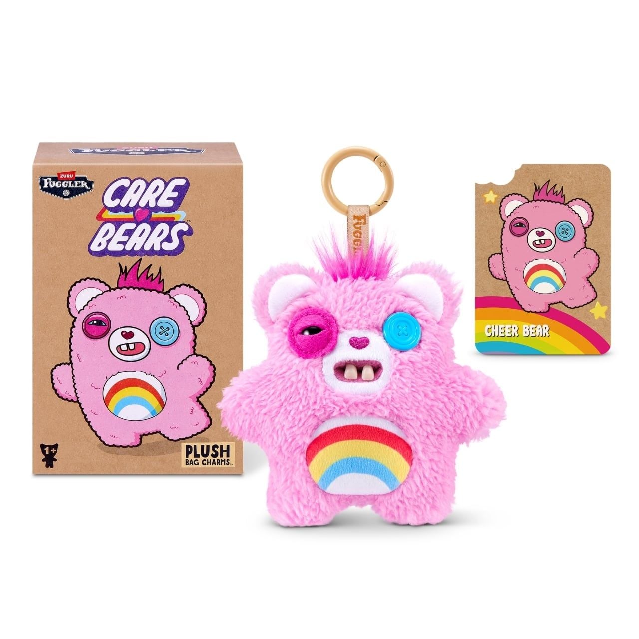 Fuggler Care Bears blind box packaging alongside an assortment of plush bag charms featuring Care Bear designs and human-like teeth.