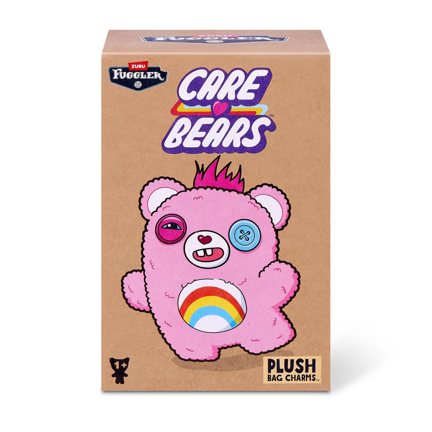 Fuggler Care Bears blind box packaging alongside an assortment of plush bag charms featuring Care Bear designs and human-like teeth.