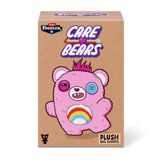 Fuggler Care Bears blind box packaging alongside an assortment of plush bag charms featuring Care Bear designs and human-like teeth.