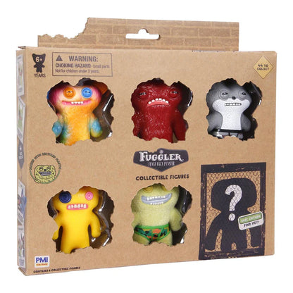 Fuggler collectible figures packaging with five colorful monster-like toys on a brown cardboard background.