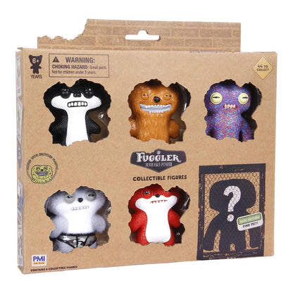 Packaging of Fuggler collectible figures with various characters on a cardboard background.