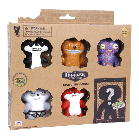 Packaging of Fuggler collectible figures with various characters on a cardboard background.