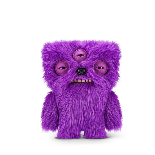 Purple furry toy with large eyes on a white background. Fuggler Fart Face Annoyed Alien Plush by ZURU, Series 1