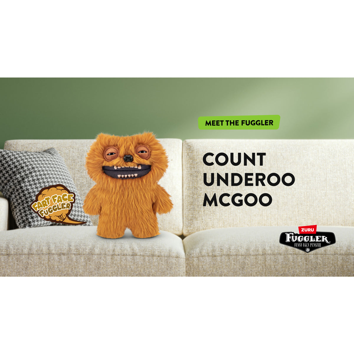 Furry toy on a couch with promotional text for 'Count Underoo McGoo' . Fuggler Fart Face Count Underoo Mcgoo Plush by ZURU, Series 1Fuggler.