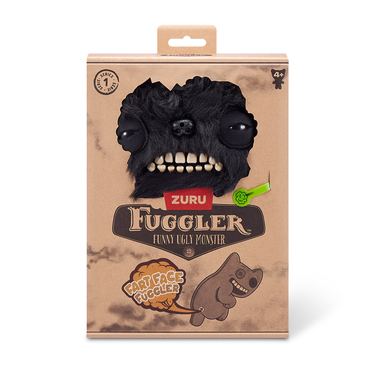 Fuggler toy packaging with black creature face on a brown background. Fuggler Fart Face Munch Munch Plush by ZURU, Series 1