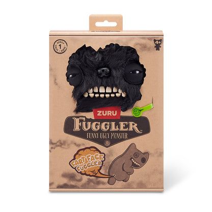 Fuggler toy packaging with black creature face on a brown background. Fuggler Fart Face Munch Munch Plush by ZURU, Series 1
