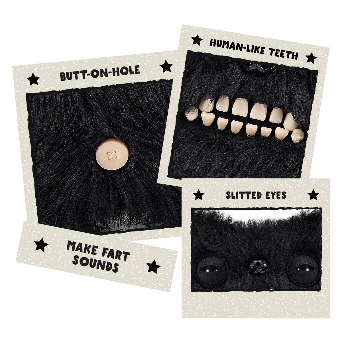 Set of Halloween props including a black hairpiece, teeth, and eyes on a white background. Fuggler Fart Face Munch Munch Plush by ZURU, Series 1