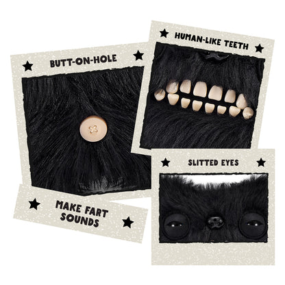 Set of Halloween props including a black hairpiece, teeth, and eyes on a white background. Fuggler Fart Face Munch Munch Plush by ZURU, Series 1