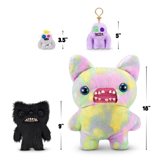 Set of small plush toys with measurements on a white background. Fuggler Fart Face Munch Munch Plush by ZURU, Series 1