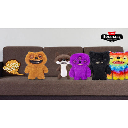 Five colorful plush toys on a brown couch with 'Zuru' branding. Fuggler Fart Face Munch Munch Plush by ZURU, Series 1