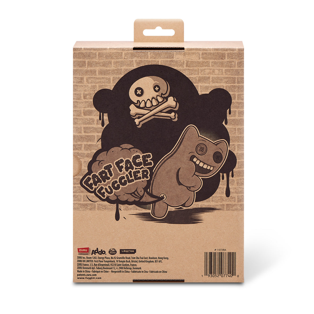 Cartoon character packaging with 'Cart Face Luggler' text on a cardboard box. Fuggler Fart Face Munch Munch Plush by ZURU, Series 1
