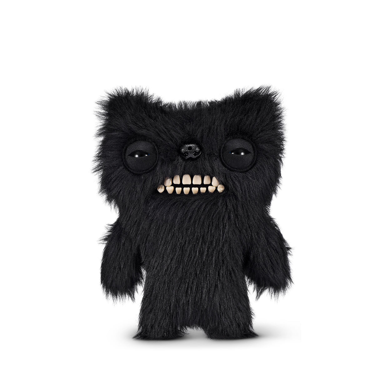 Black furry monster plush toy on a white background. Fuggler Fart Face Munch Munch Plush by ZURU, Series 1
