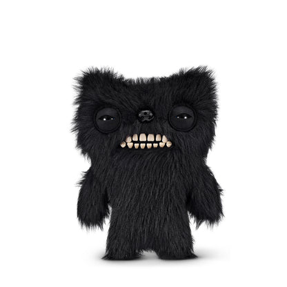 Black furry monster plush toy on a white background. Fuggler Fart Face Munch Munch Plush by ZURU, Series 1