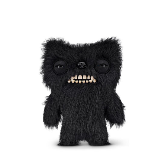 Black furry monster plush toy on a white background. Fuggler Fart Face Munch Munch Plush by ZURU, Series 1