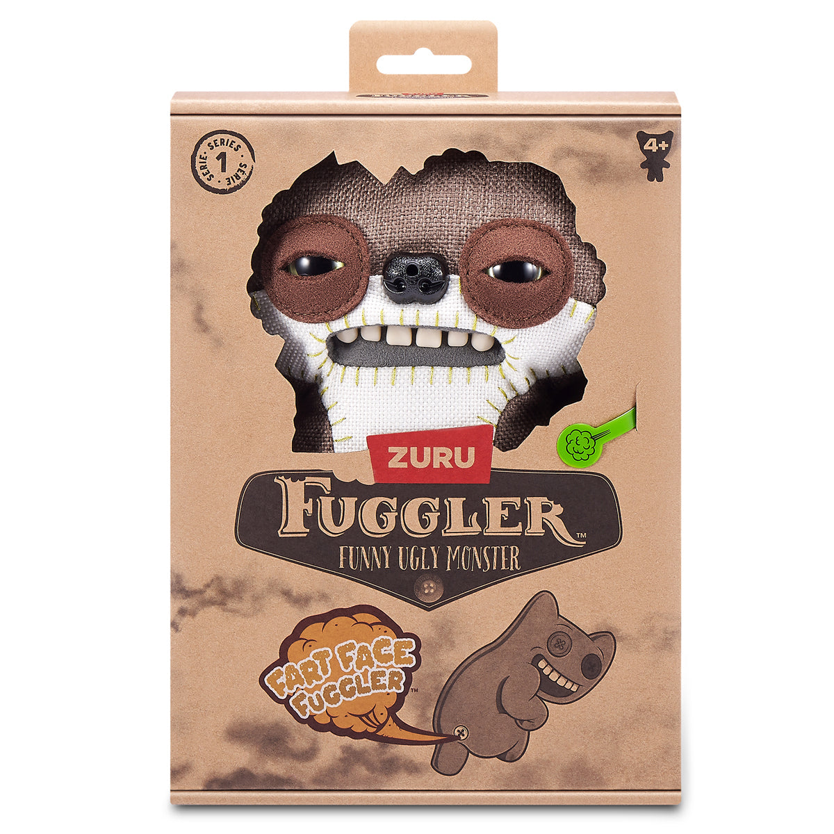 Fuggler toy packaging with Zuru branding on a white background. Fuggler Fart Face Suspicious Fox Plush by ZURU, Series 1, 9-inch