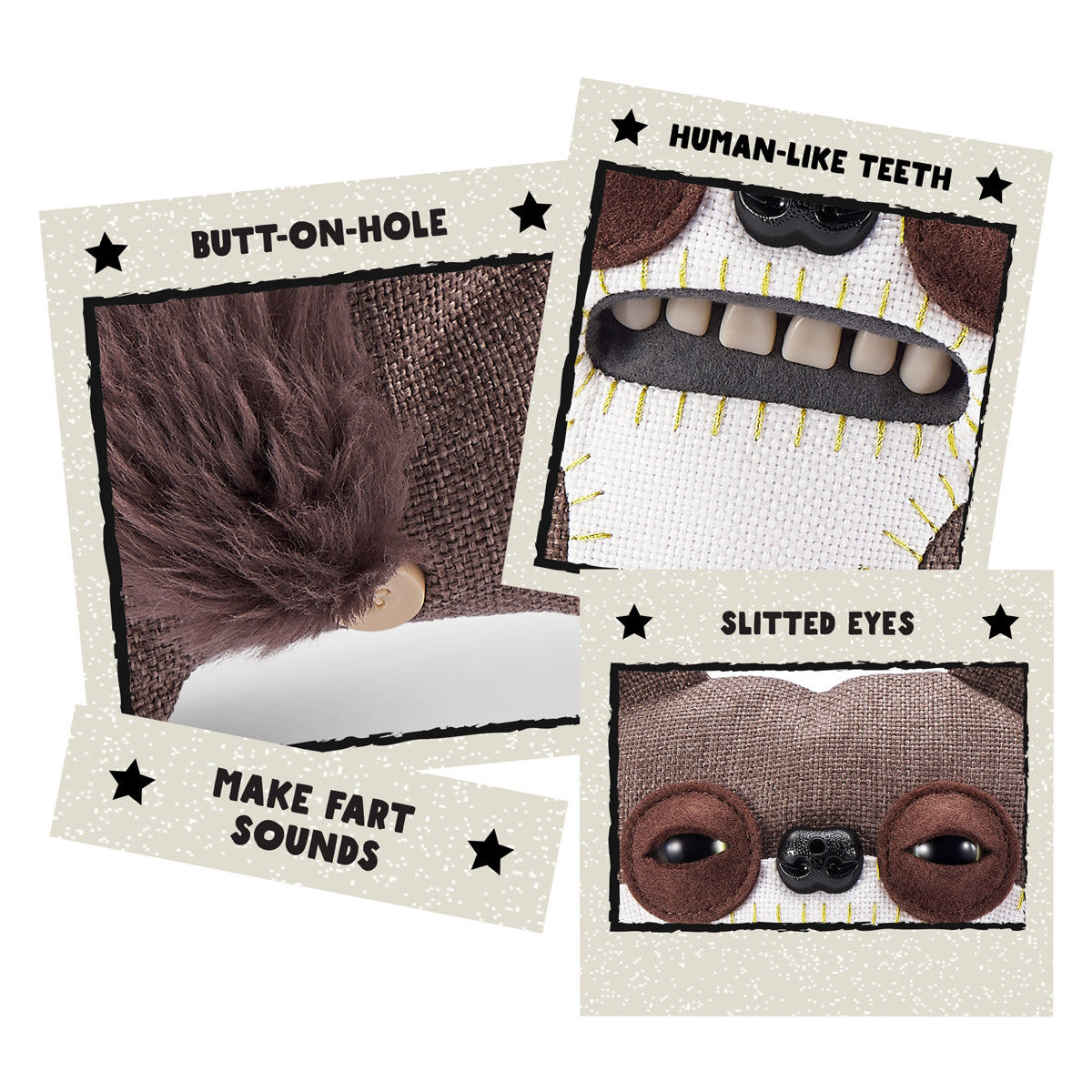Cardboard toy parts with features like 'Butt-on-hole', 'Human-like Teeth', 'Slitted Eyes' on a white background. Fuggler Fart Face Suspicious Fox Plush by ZURU, Series 1, 9-inch