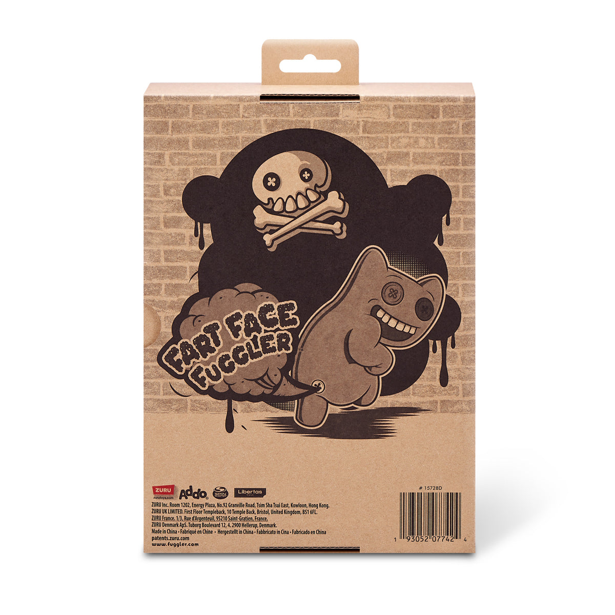 Cardboard packaging with cartoon character and text 'Fart Face Fuggler' on a white background. Fuggler Fart Face Suspicious Fox Plush by ZURU, Series 1, 9-inch