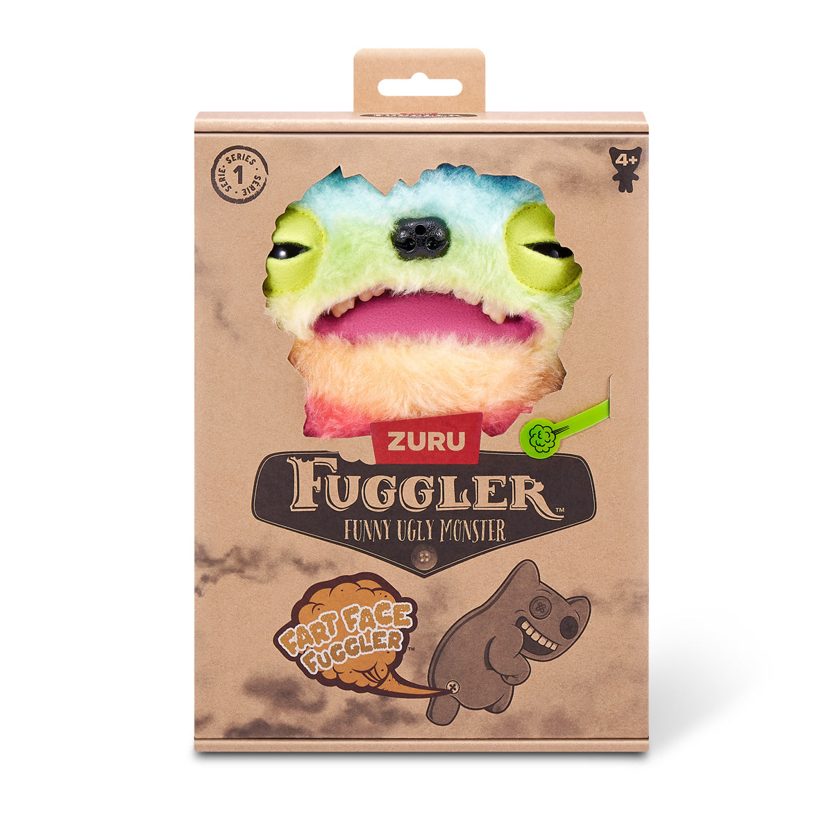 Fuggler toy packaging with colorful monster design on a white background. Fuggler Fart Face 9-inch Series 1 (Wide Eyed Weirdo) by ZURU