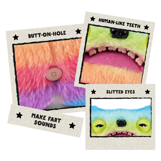 Four cards with colorful, exaggerated facial features and text on a white background Fuggler Fart Face 9-inch Series 1 (Wide Eyed Weirdo) by ZURU