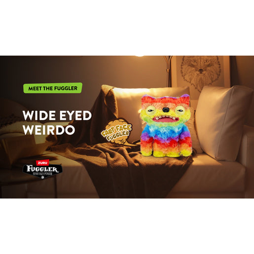 Colorful plush toy on a couch with text about 'Meet the Fuggler' and 'Wide Eyed Weirdo'. Fuggler Fart Face 9-inch Series 1 (Wide Eyed Weirdo) by ZURU