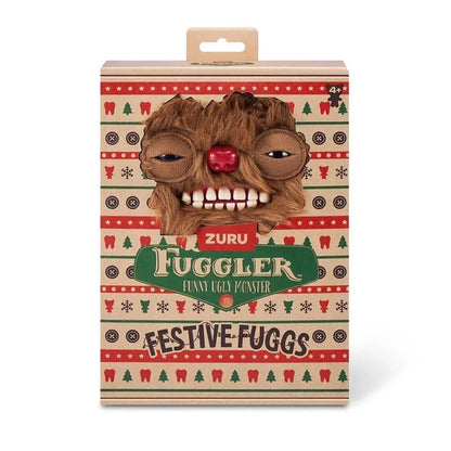 Fuggler Festive Fuggs Series 1 Reindeer 9-inch plush featuring shaggy brown fur, felt antlers, a red nose, heavy-lidded eyes, and human-like teeth.