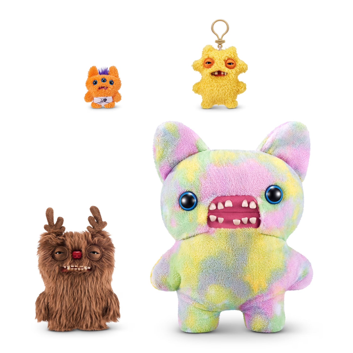 Fuggler Festive Fuggs Series 1 Reindeer 9-inch plush featuring shaggy brown fur, felt antlers, a red nose, heavy-lidded eyes, and human-like teeth.