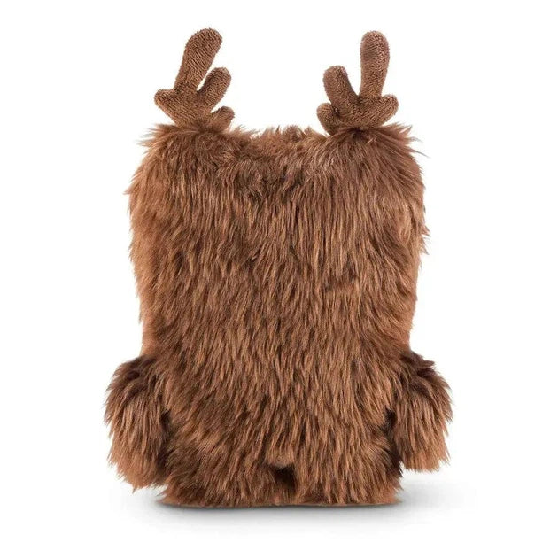 Fuggler Festive Fuggs Series 1 Reindeer 9-inch plush featuring shaggy brown fur, felt antlers, a red nose, heavy-lidded eyes, and human-like teeth.