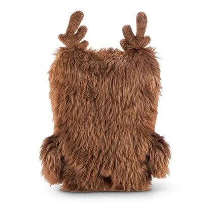 Fuggler Festive Fuggs Series 1 Reindeer 9-inch plush featuring shaggy brown fur, felt antlers, a red nose, heavy-lidded eyes, and human-like teeth.