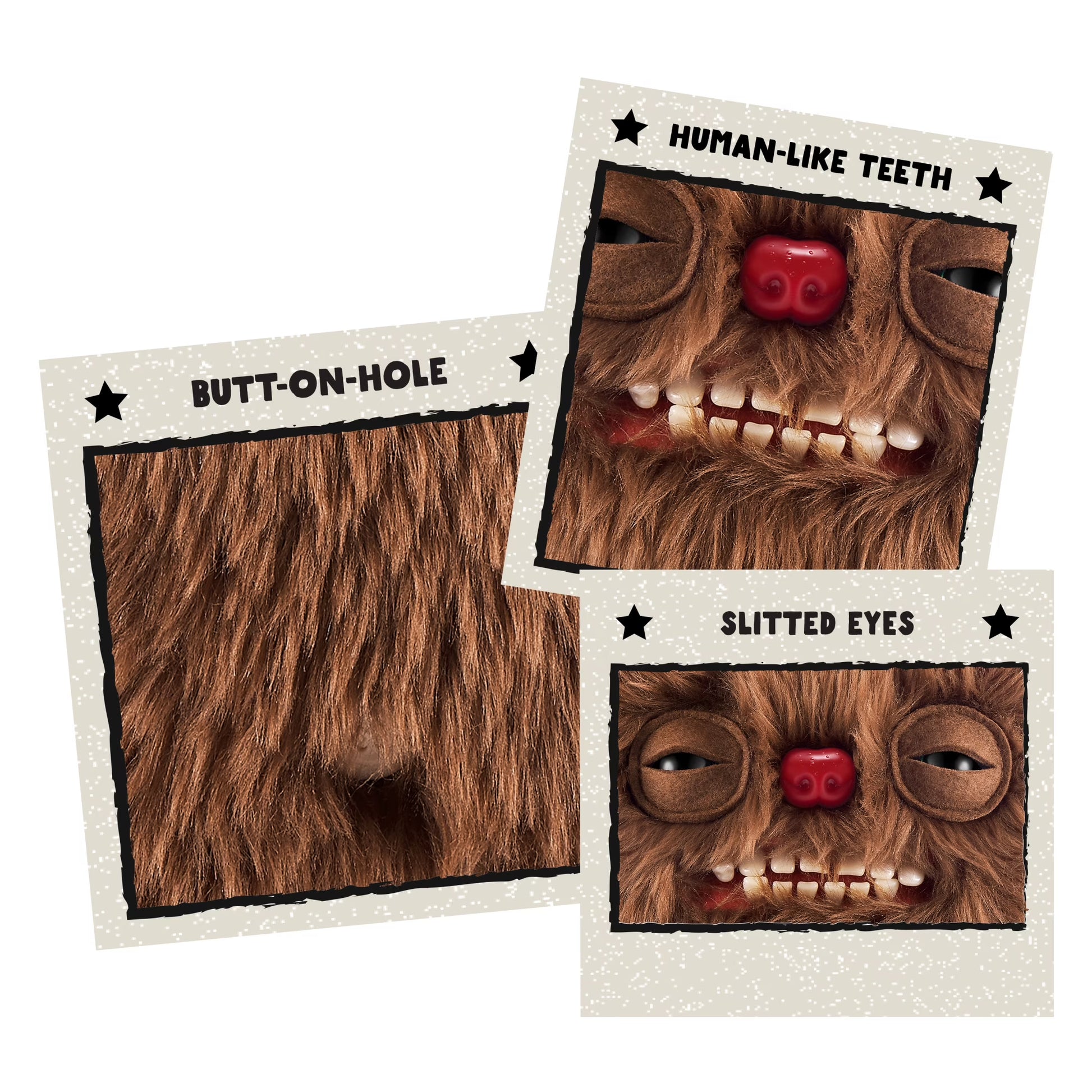 Fuggler Festive Fuggs Series 1 Reindeer 9-inch plush featuring shaggy brown fur, felt antlers, a red nose, heavy-lidded eyes, and human-like teeth.