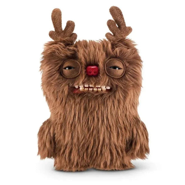 Fuggler Festive Fuggs Series 1 Reindeer 9-inch plush featuring shaggy brown fur, felt antlers, a red nose, heavy-lidded eyes, and human-like teeth.