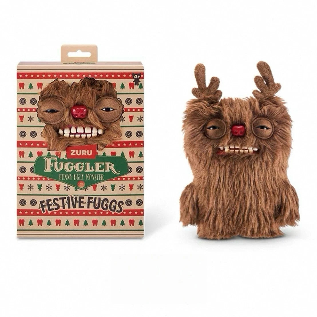 Fuggler Festive Fuggs Series 1 Reindeer 9-inch plush featuring shaggy brown fur, felt antlers, a red nose, heavy-lidded eyes, and human-like teeth.