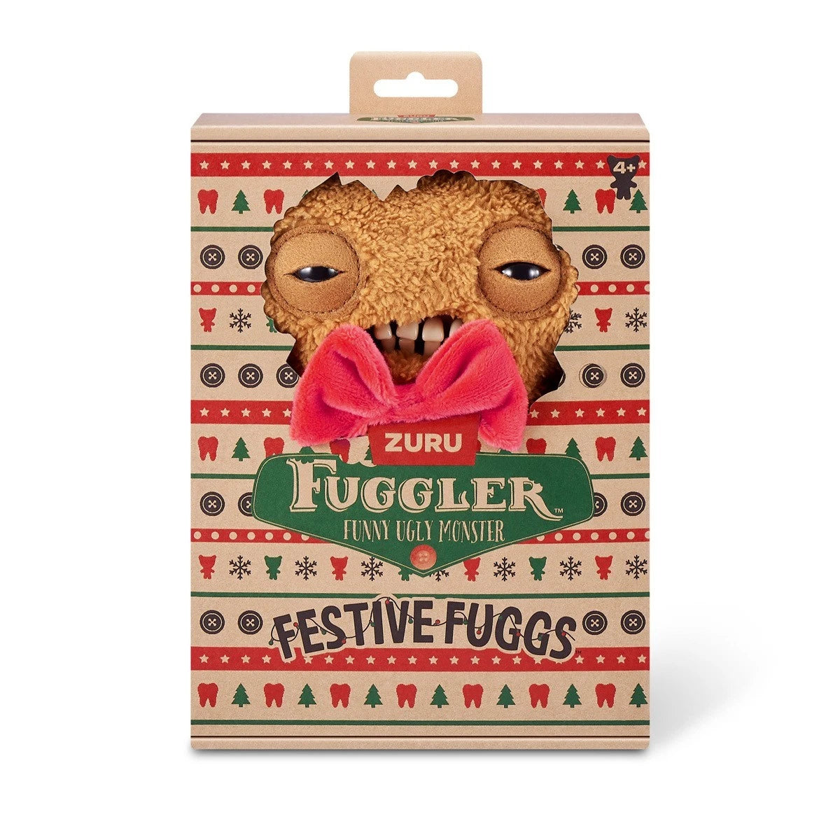 Fuggler Festive Fuggs Series 1 Gingerbread 9-inch plush featuring brown fur, a red bow tie, white icing squiggles, red swirl buttons, and human-like teeth.