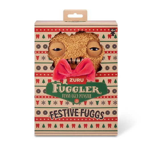Fuggler Festive Fuggs Series 1 Gingerbread 9-inch plush featuring brown fur, a red bow tie, white icing squiggles, red swirl buttons, and human-like teeth.