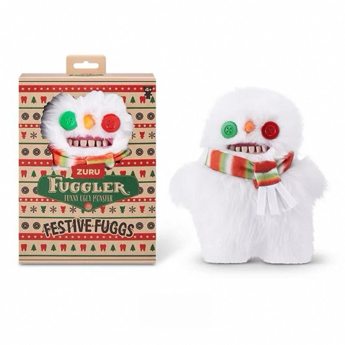 Fuggler Festive Fuggs Series 1 Snowman 9-inch plush featuring fluffy white fur, a red, green, and white striped scarf, mismatched button eyes, and human-like teeth.