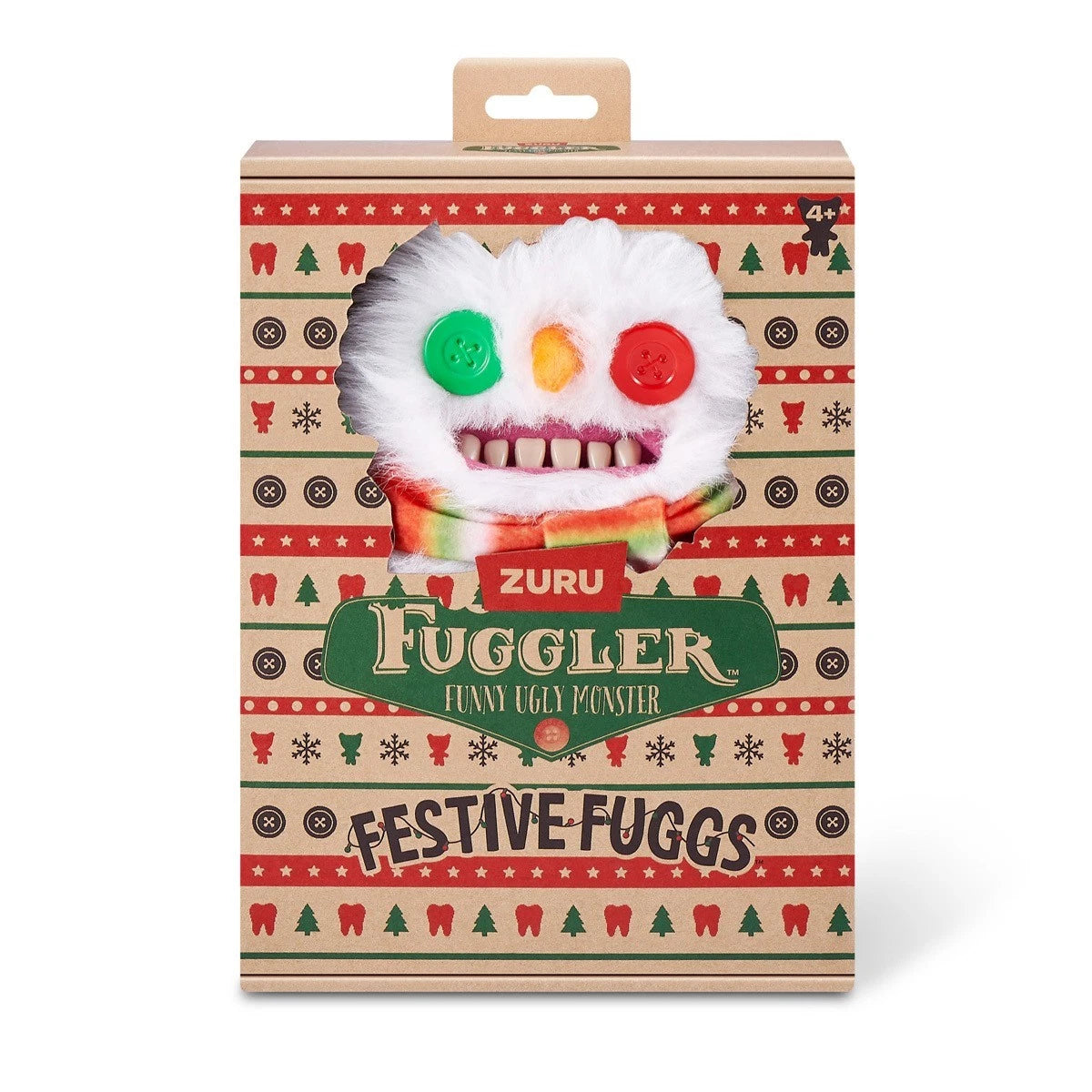 Fuggler Festive Fuggs Series 1 Snowman 9-inch plush featuring fluffy white fur, a red, green, and white striped scarf, mismatched button eyes, and human-like teeth.