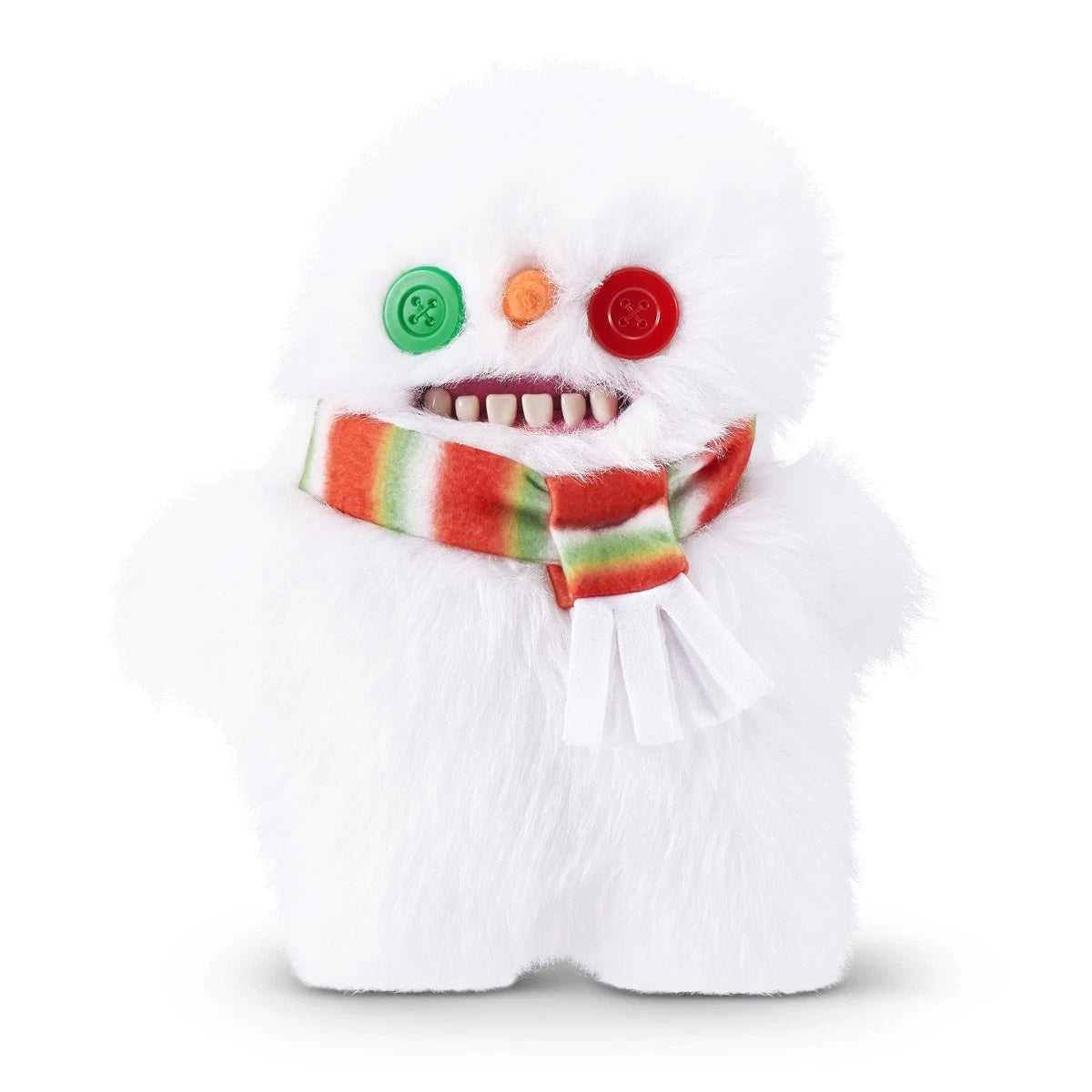 Fuggler Festive Fuggs Series 1 Snowman 9-inch plush featuring fluffy white fur, a red, green, and white striped scarf, mismatched button eyes, and human-like teeth.