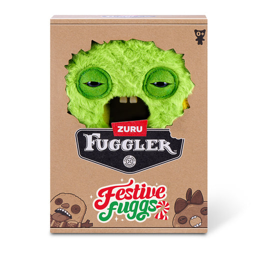 Zuru Fuggler 'Festive Fuggs' holiday-themed plush toy in its original brown cardboard packaging, featuring a green fuzzy monster face design.