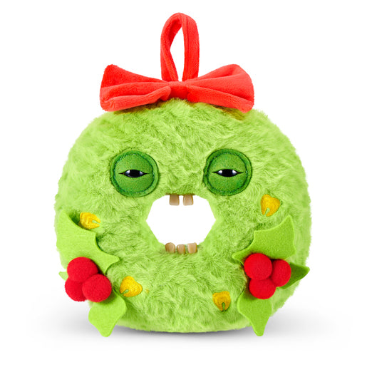 Fuggler Festive Fuggs Series 2 Keith Wreathington 9-inch green wreath plush with human-like teeth and a red bow.