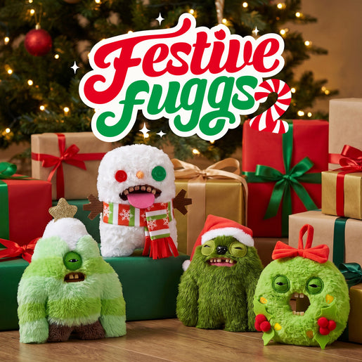 Four fuzzy Christmas-themed plush toys labeled 'Festive fuggs' posed in front of wrapped gifts and a lit Christmas tree. The plushies include a snowman with a red-and-white scarf, a green tree-like character with a white hat, a green furry character in a Santa hat, and a round green character with a red bow.