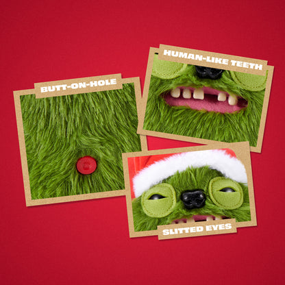 Three square novelty photo cards or prints arranged on a red background, each showing a green furry monster face with different humorous labels: 'BUTT-ON-HOLE,' 'HUMAN-LIKE TEETH,' and 'SLITTEN EYES.' The cards have tan borders and the photos include visible human body parts such as mouth, teeth, and eyes.